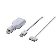 DB-600900-010-W Digitus USB Araç İçi Çakmaklık Şarj Adaptörü  ve Şarj Kablosu,  1 x USB port, Giriş: 12-24V Çıkış: 5V + Apple 30pin Erkek - USB A Erkek Kablo, 1 metre