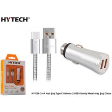 Hytech Hy-X66 3.4A Hızlı Şarj Type-C Kablolu 2 Usb Gümüş Metal Araç Şarj Cihazı