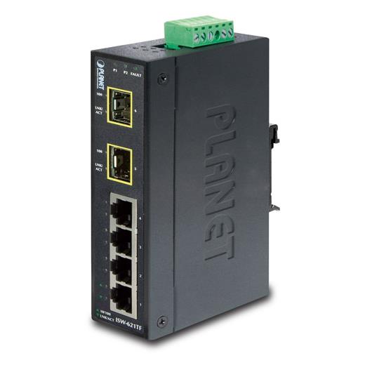 PL-ISW-621TF Endüstriyel Tip Yönetilemeyen Ethernet Switch (Industrial Unmanaged Ethernet Switch)<br>4-Port 10/100Base-TX<br>2-Port 100Base-FX SFP yuva<br>IP30, -40~75 Derece C